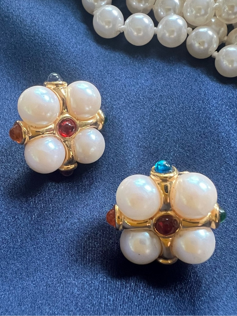Gold Pearl Cluster Clip-On Earrings with Multicolor Gem Accents